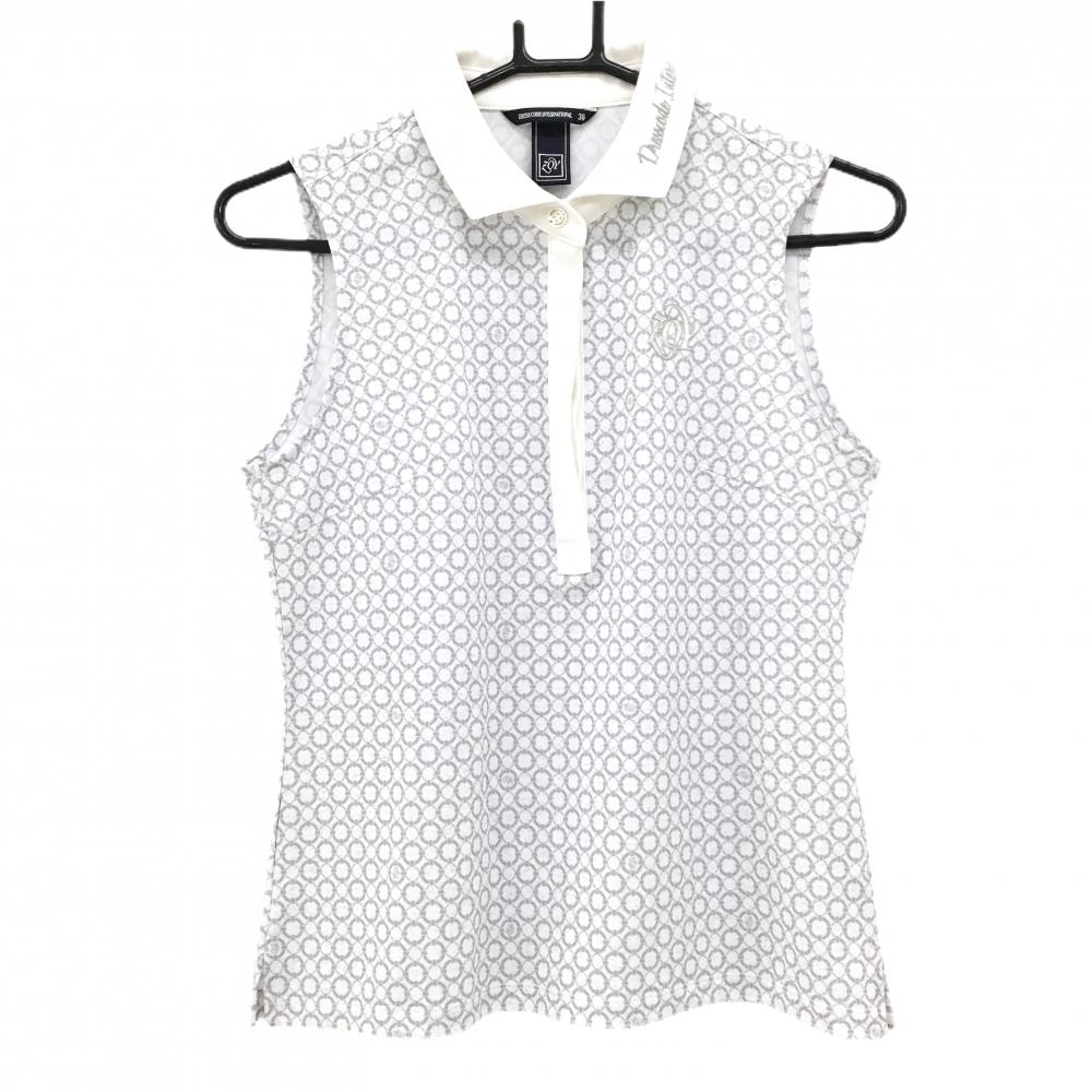 【美品】ゾーイ ノースリーブポロシャツ 白×グレー 総柄 丸 胸元ロゴ レディース 36(S) ゴルフウェア ZOY
