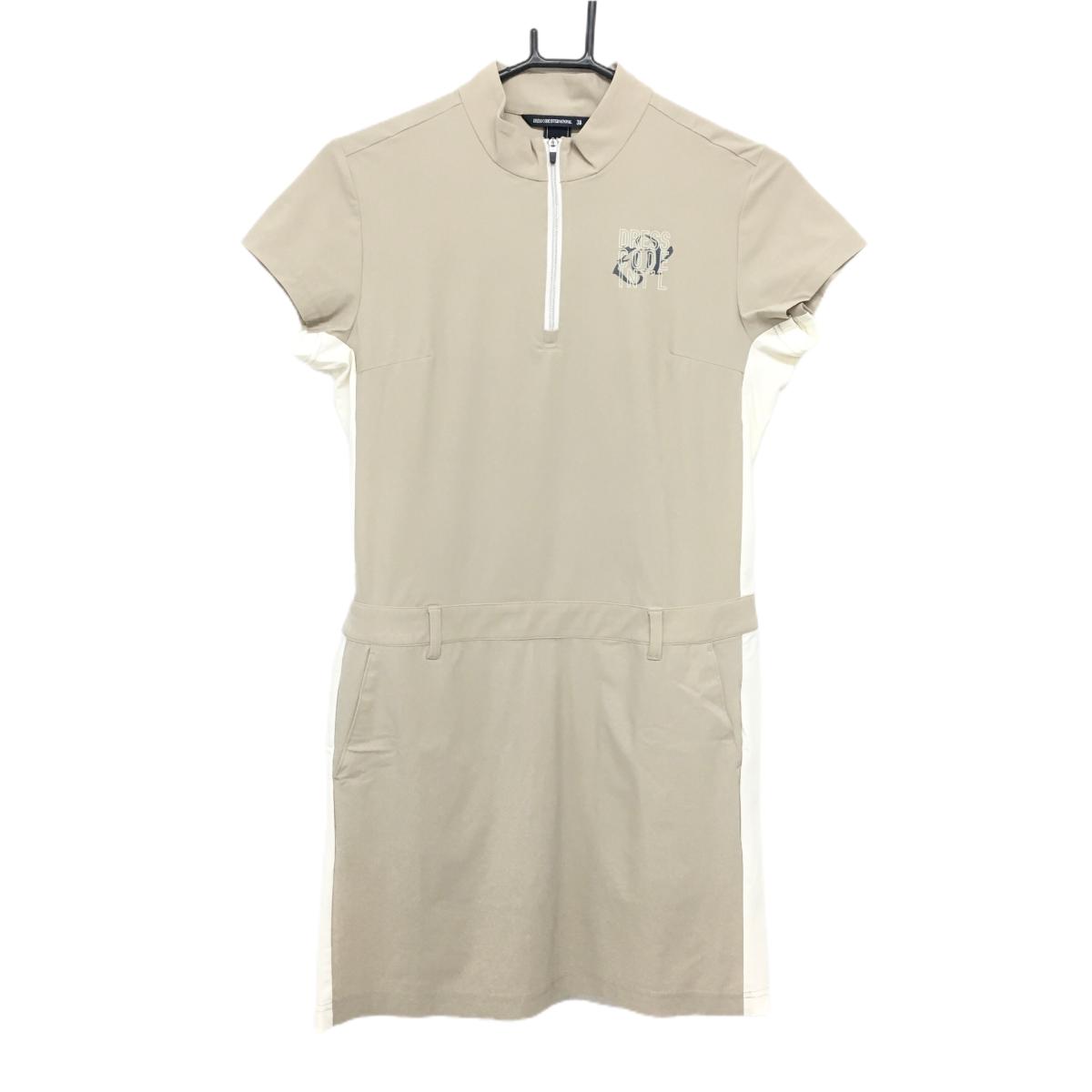 【超美品】ゾーイ 半袖ハイネックワンピース ベージュ ナイロン混 ストレッチ ハーフジップ レディース 38(M) ゴルフウェア ZOY