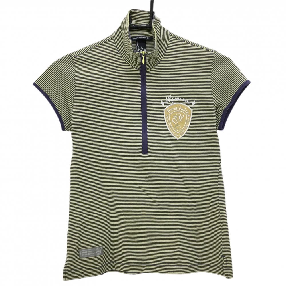 【美品】ゾーイ 半袖ハイネックシャツ ライムグリーン×パープル 細ボーダー ハーフジップ 胸元ロゴ レディース 38(M) ゴルフウェア ZOY