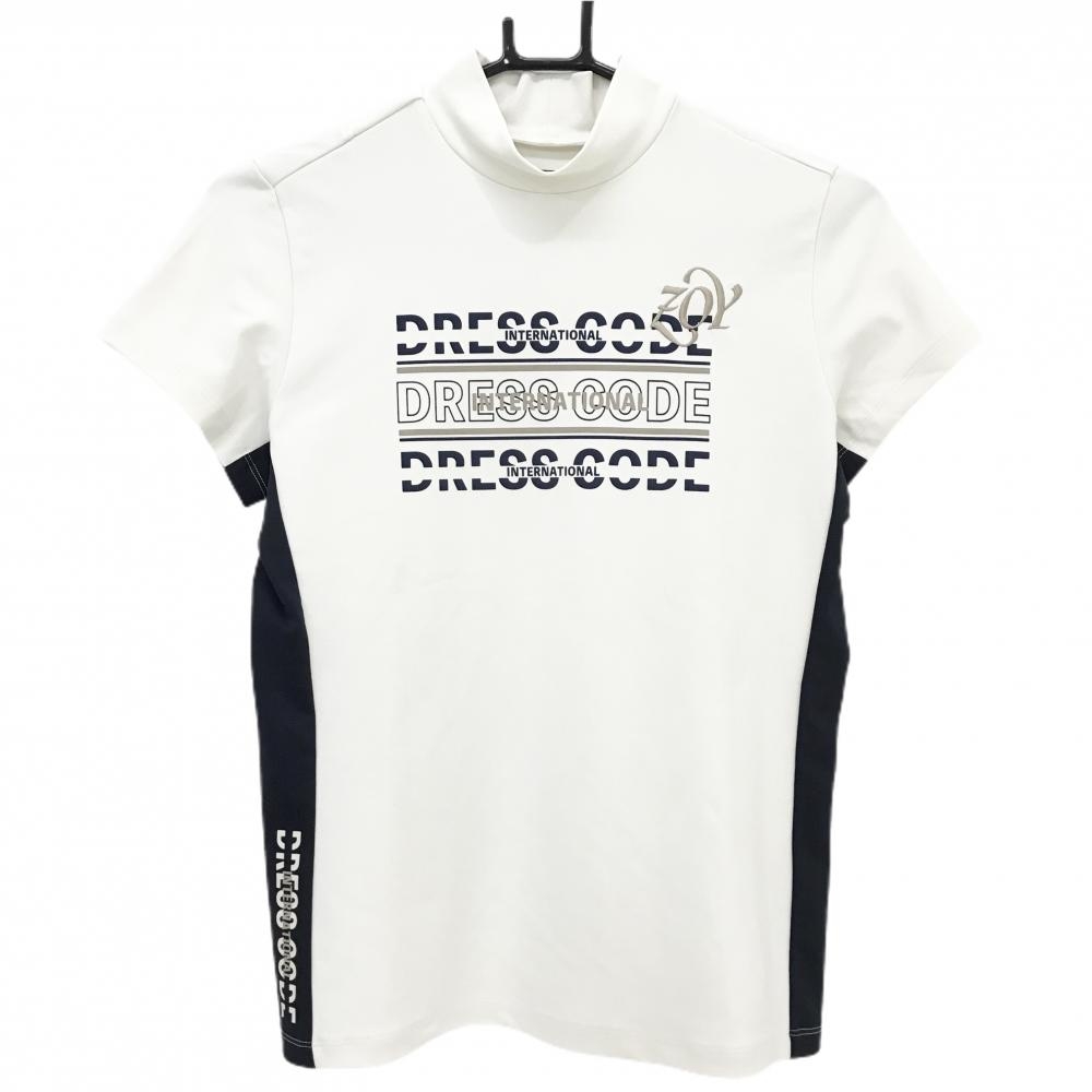 【美品】ゾーイ 半袖ハイネックシャツ アイボリー×ネイビー プリント  レディース 36(Ｓ) ゴルフウェア ZOY