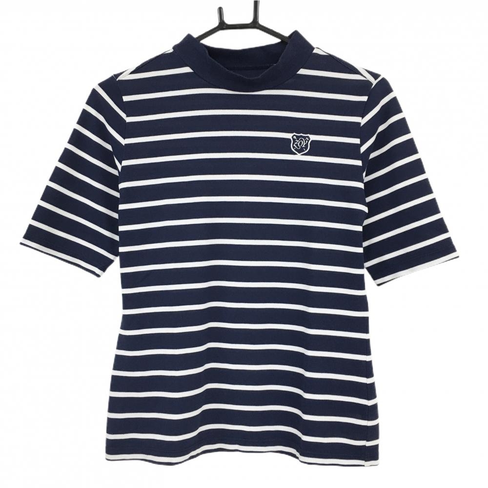 【美品】ゾーイ 半袖ハイネックシャツ ネイビー×白 ボーダー 胸元ロゴ  レディース 36(S) ゴルフウェア ZOY