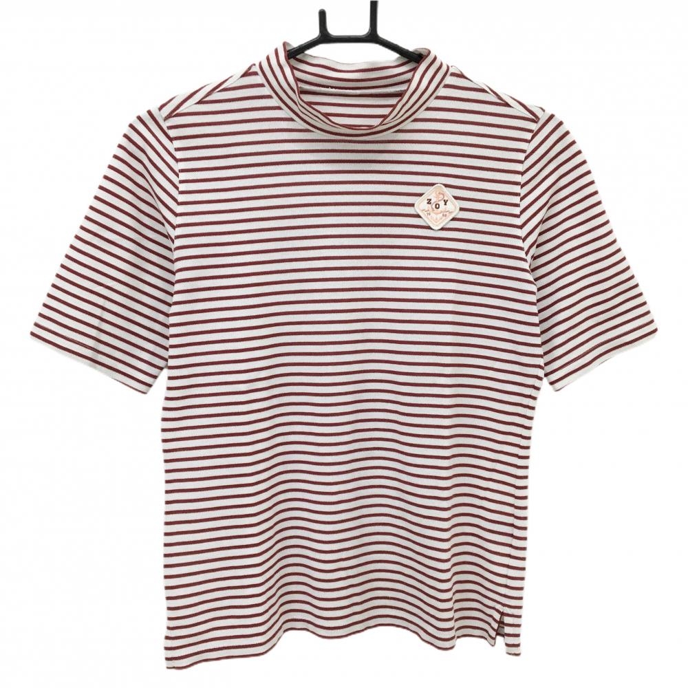 ゾーイ 半袖ハイネックシャツ 白系×レッド ボーダー ロゴワッペン レディース 36(S) ゴルフウェア ZOY