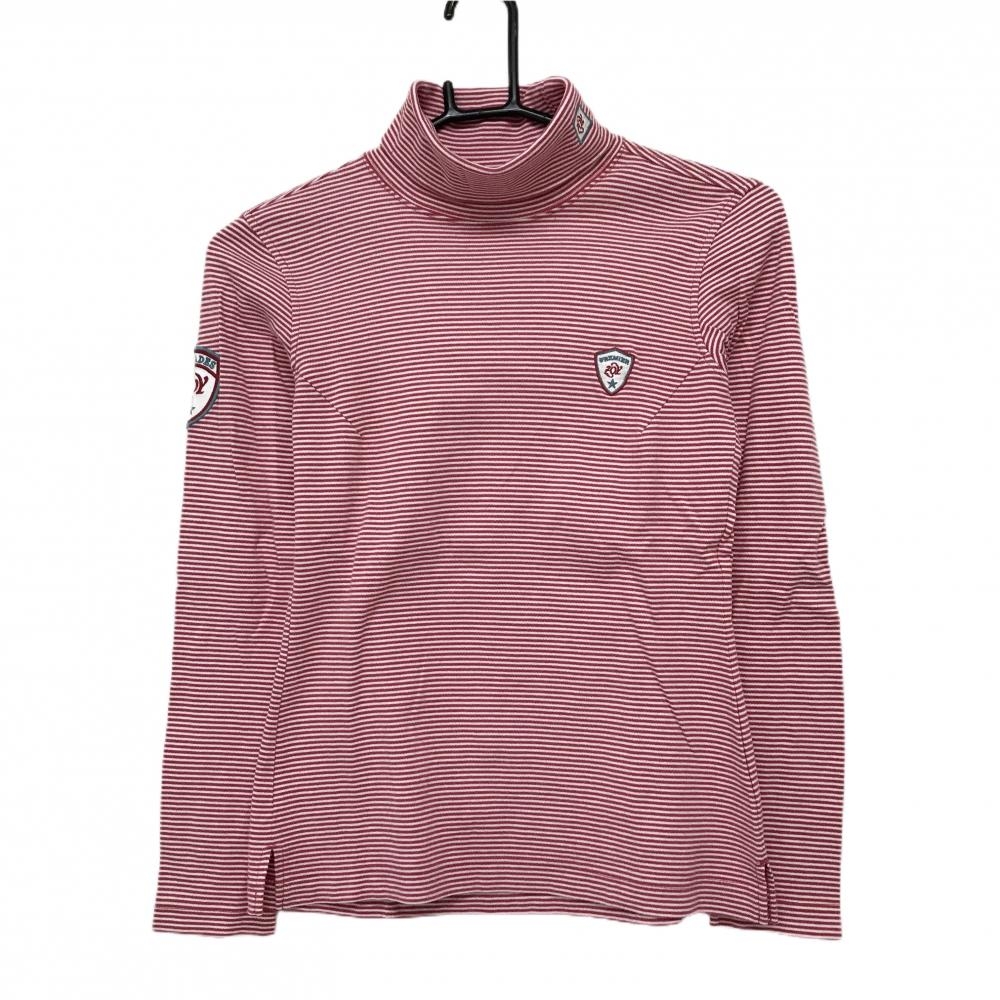【美品】ゾーイ 長袖タートルネックシャツ レッドピンク系×白 細ボーダー コットン100％ ハイネック レディース M ゴルフウェア ZOY