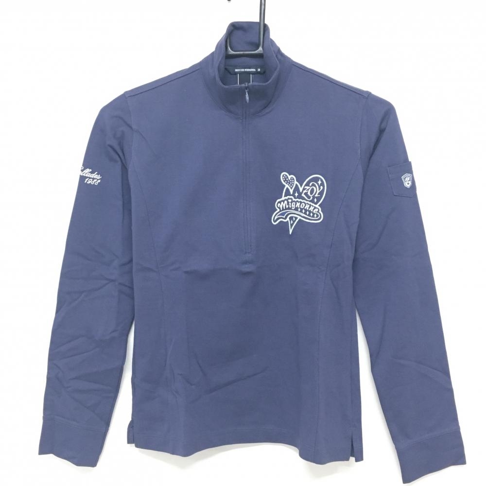 【超美品】ゾーイ 長袖ハイネックシャツ ネイビーグレー ハーフジップ ラインストーン レディース 38(M) ゴルフウェア ZOY