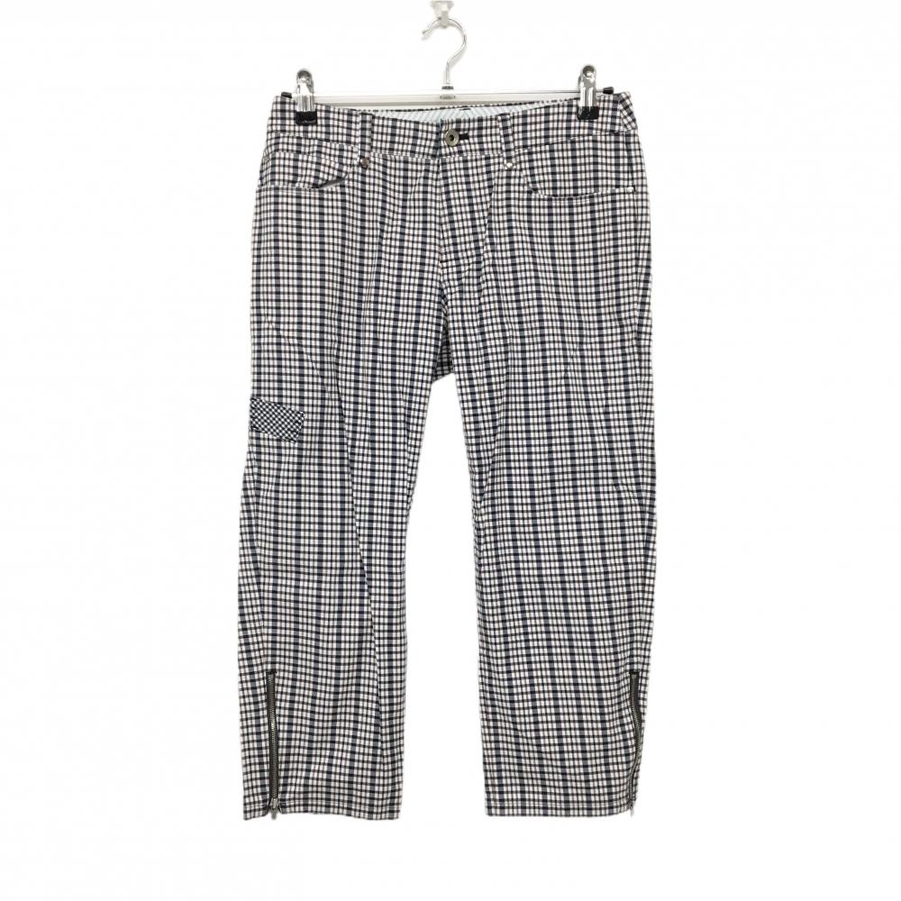 【超美品】ゾーイ 半端丈パンツ 白×ネイビー×ブラウン チェック 裾ファスナー レディース 38(M) ゴルフウェア ZOY