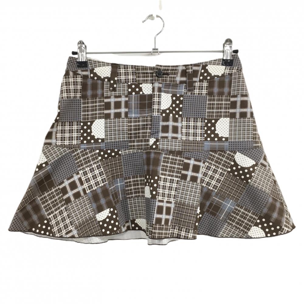 【超美品】ゾーイ スカート ブラウン×白×グレーブルー 総柄 チェック ストレッチ レディース 38(M) ゴルフウェア ZOY