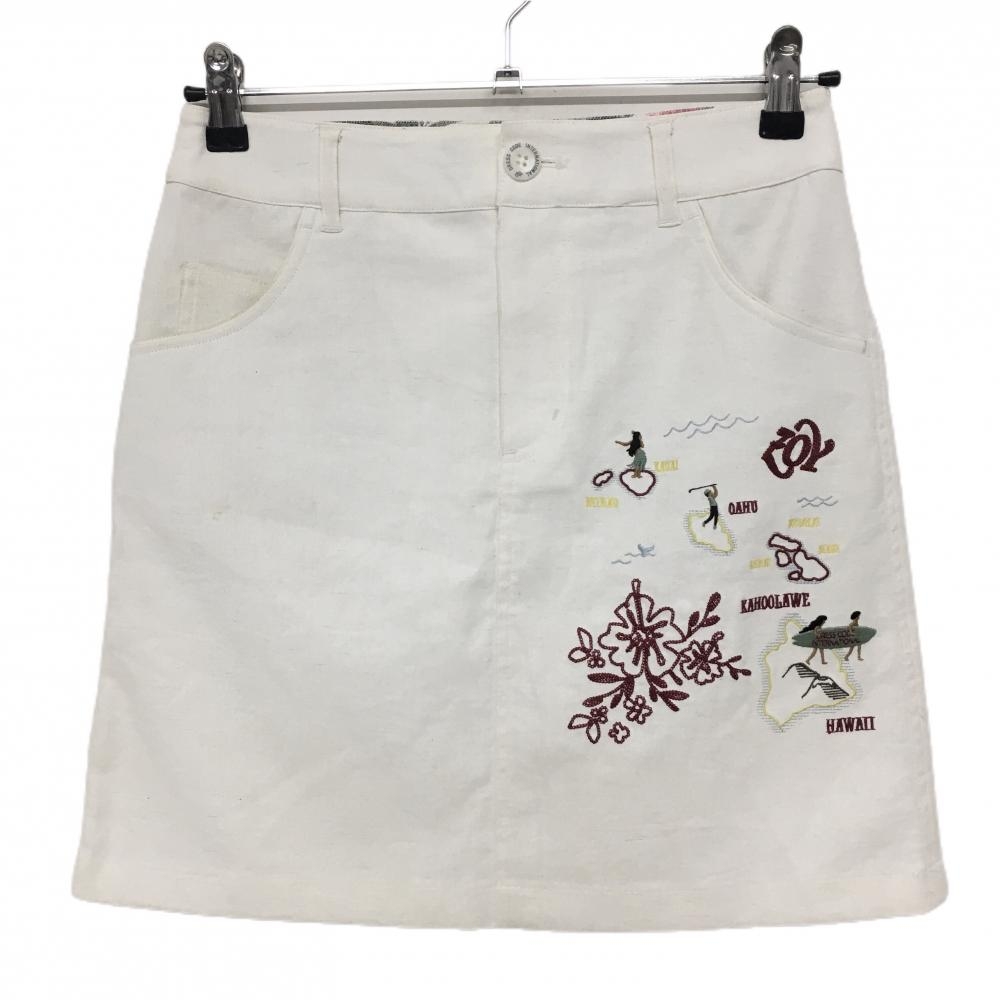 ゾーイ スカート 白 フロントハワイアン刺しゅう インナーパンツ付 麻混 レディース 36(S) ゴルフウェア ZOY