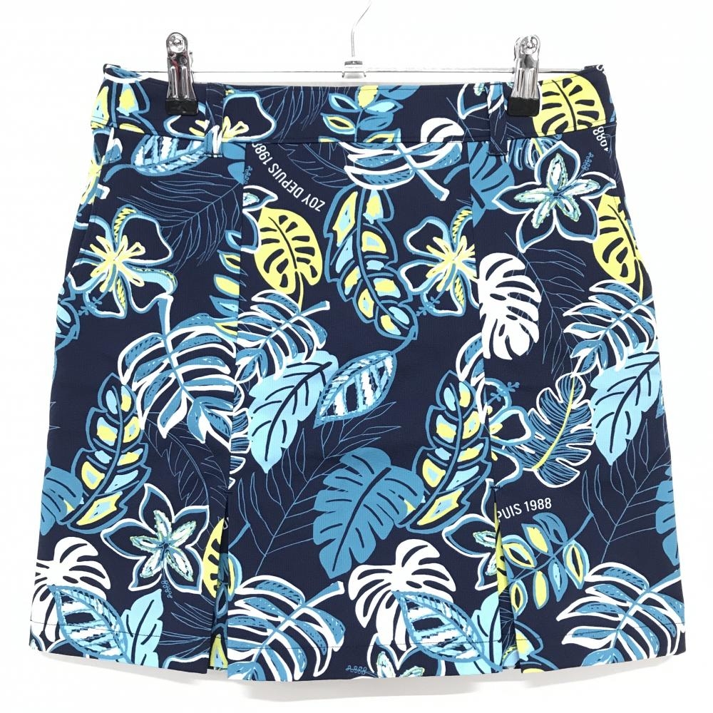 【超美品】ゾーイ スカート ネイビー×イエロー×白 リーフ総柄 レディース 36(S) ゴルフウェア ZOY