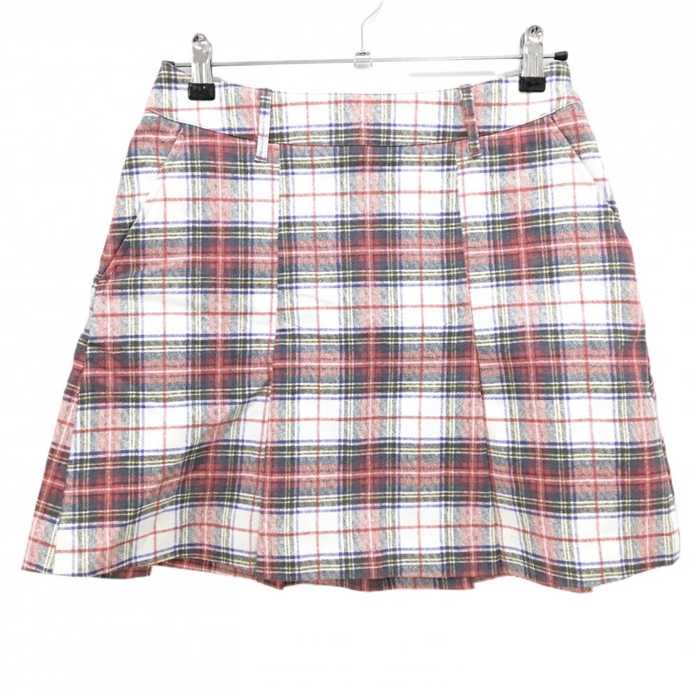 【超美品】ゾーイ スカート アイボリー×レッド チェック柄 プリーツ ロゴ刺しゅう レディース 38(M) ゴルフウェア ZOY