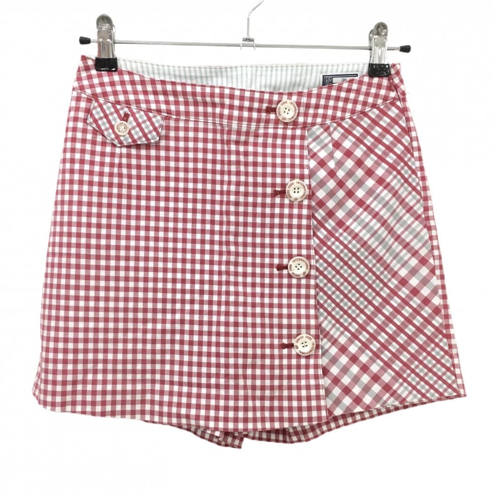 ゾーイ キュロットスカート 白×ピンク系 ギンガムチェック ボタン ストレッチ レディース 36(S) ゴルフウェア ZOY