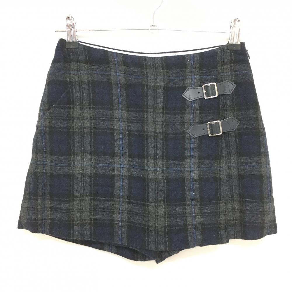 【美品】ゾーイ キュロットスカート ネイビー×グレー チェック柄 裏地付き ウール混 レディース S ゴルフウェア ZOY