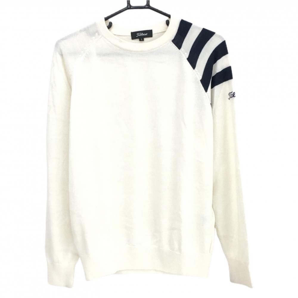 タイトリスト セーター アイボリー×ネイビー 一部ボーダー 袖ロゴ刺しゅう ウール混 ニット レディース L ゴルフウェア TITLEIST