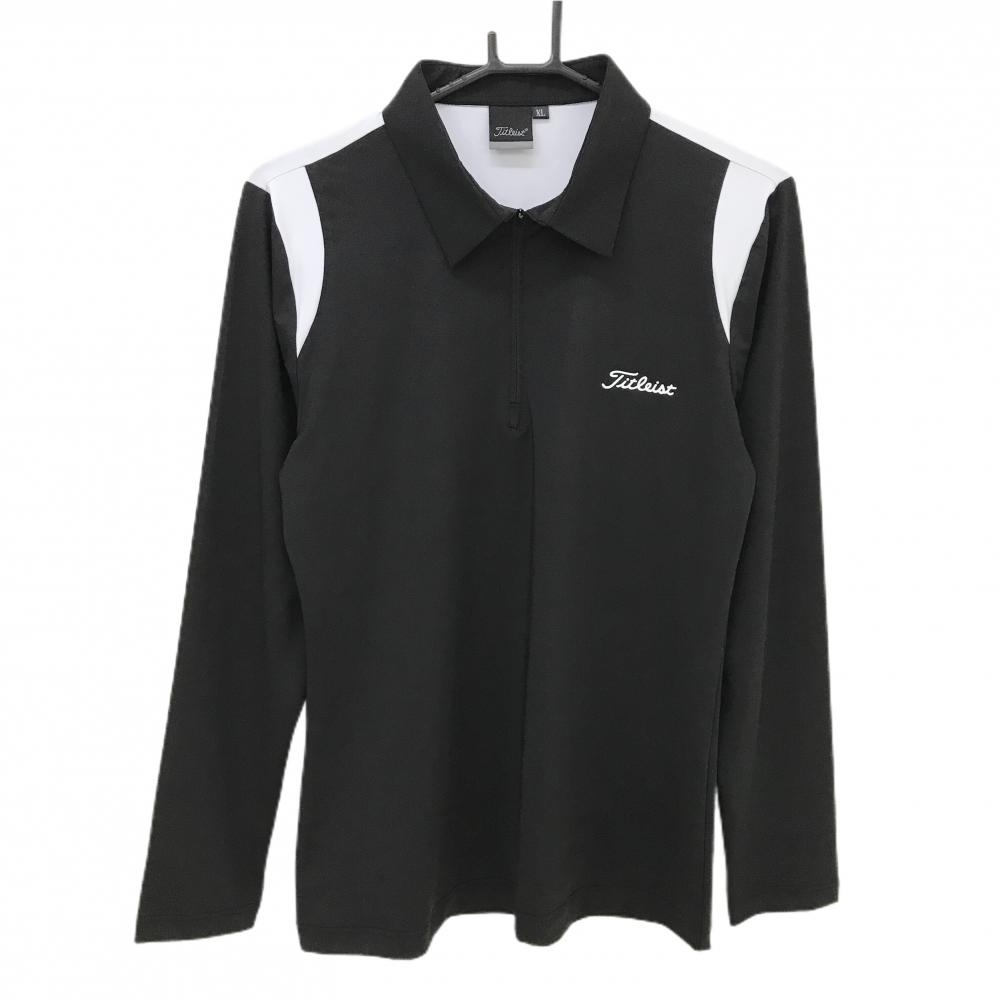 【超美品】タイトリスト 長袖ポロシャツ 黒×白 ハーフジップ ロゴ ストレッチ  レディース XL ゴルフウェア TITLEIST