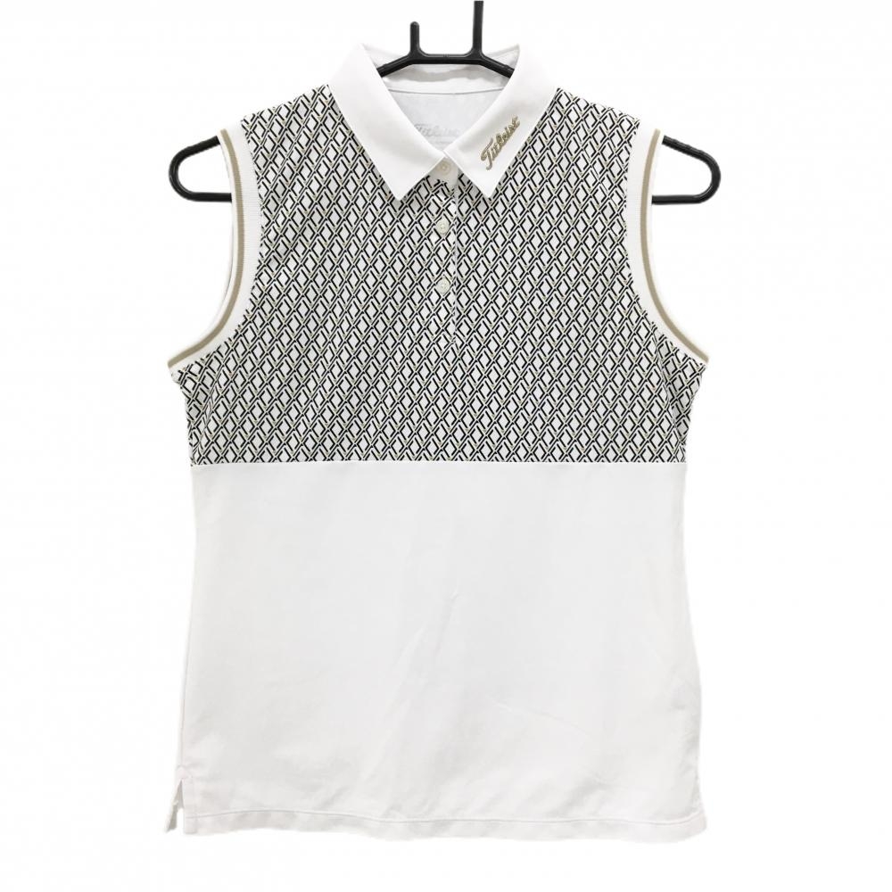 【超美品】タイトリスト ノースリーブポロシャツ 白×黒 胸上総柄 襟ロゴ レディース M ゴルフウェア TITLEIST