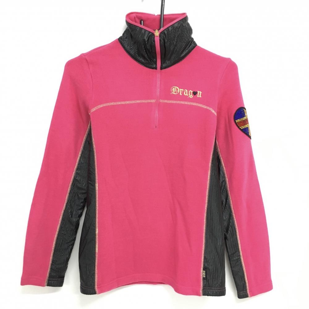 ダンスウィズドラゴン ハイネックセーター ピンク×黒 ハーフジップ 一部切替 裏起毛 レディース 2(M) ゴルフウェア Dance With Dragon