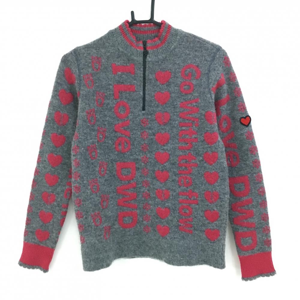 ダンスウィズドラゴン ハイネックセーター 杢グレー×ピンク ハーフジップ 総柄  レディース 2(M) ゴルフウェア Dance With Dragon