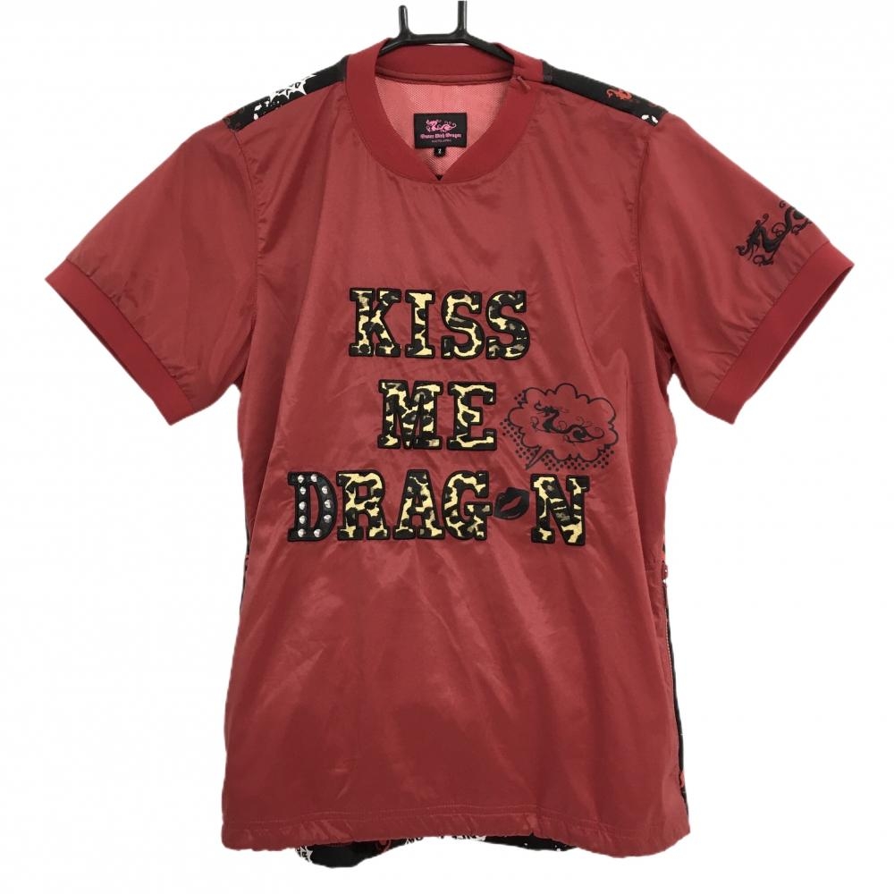 【超美品】ダンスウィズドラゴン 半袖スニード レッド×黒 フロントレオパード柄ロゴ  レディース 2(M) ゴルフウェア Dance With Dragon