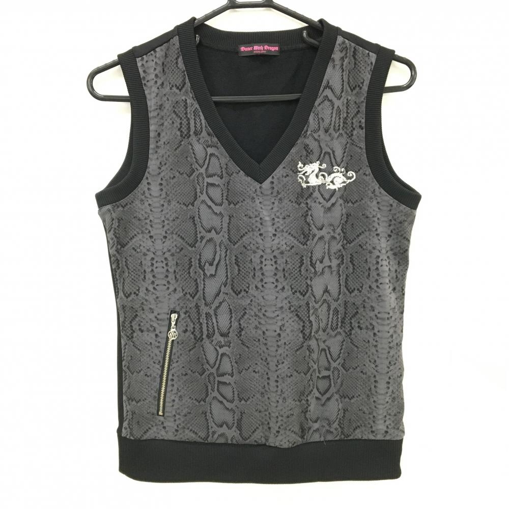 【超美品】ダンスウィズドラゴン ベスト 黒×グレー 前面パイソン柄 裏起毛  レディース 2(M) ゴルフウェア Dance With Dragon