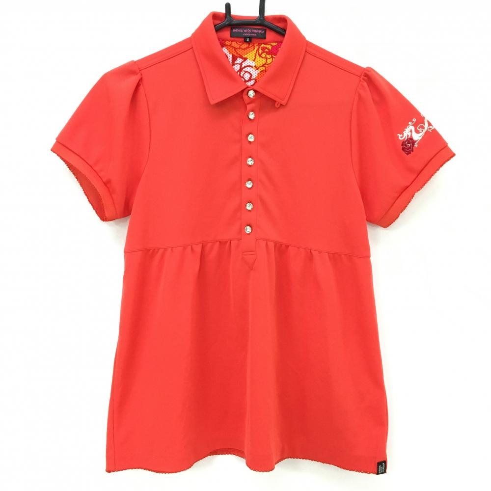 【美品】ダンスウィズドラゴン 半袖ポロシャツ レッド 袖刺しゅう レディース 2(M) ゴルフウェア Dance With Dragon