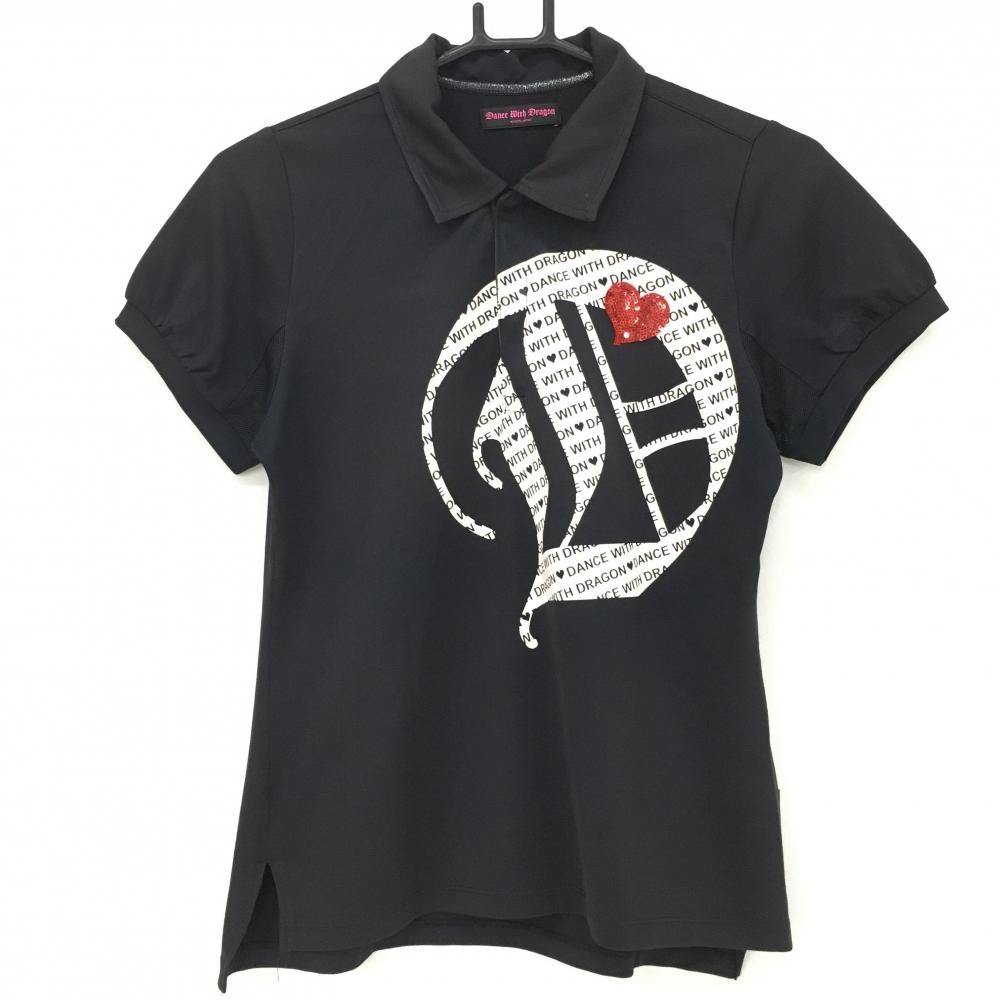 ダンスウィズドラゴン 半袖ポロシャツ 黒×白 フロントビッグロゴ スナップボタン レディース 3(L) ゴルフウェア Dance With Dragon
