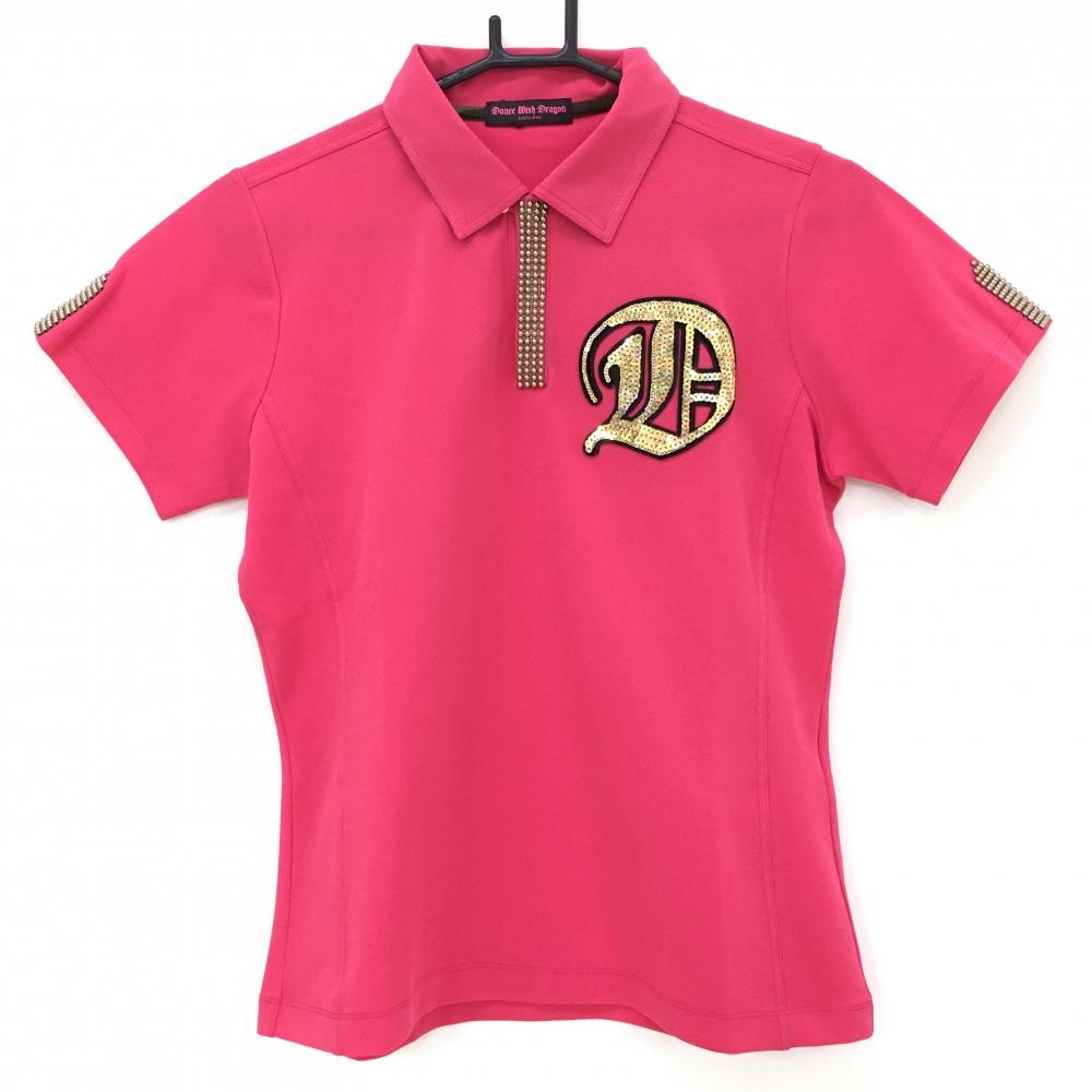 【美品】ダンスウィズドラゴン 半袖ポロシャツ ピンク×ゴールド スパンコールロゴ レディース 3(L) ゴルフウェア Dance With Dragon