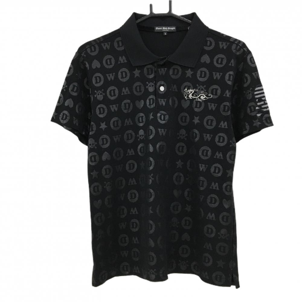 【超美品】ダンスウィズドラゴン 半袖ポロシャツ 黒系 総柄地模様 星 ハート 胸ロゴ レディース 2(M) ゴルフウェア Dance With Dragon