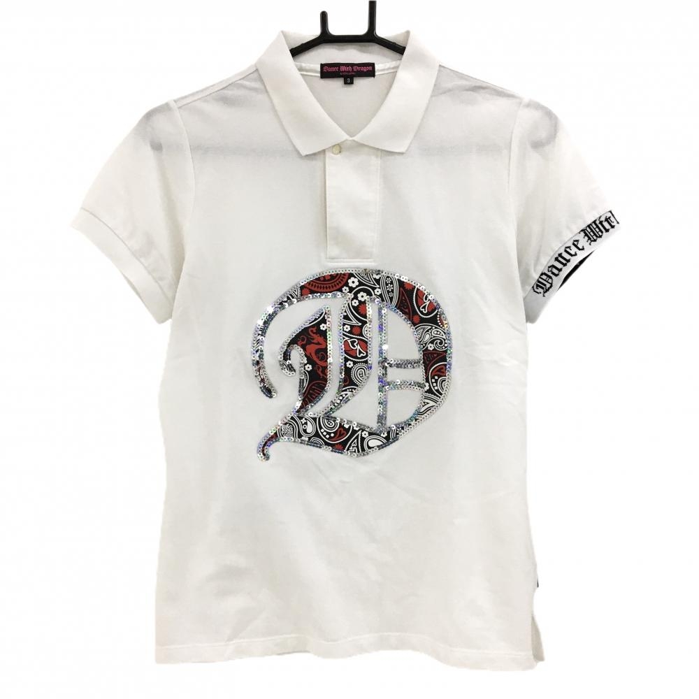 ダンスウィズドラゴン 半袖ポロシャツ 白×黒×レッド 一部ペイズリー  レディース 3(L) ゴルフウェア Dance With Dragon