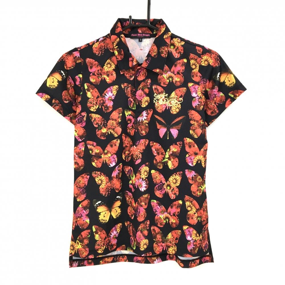 【超美品】ダンスウィズドラゴン 半袖ポロシャツ 黒×レッド 蝶々柄 花柄 レディース 3(L) ゴルフウェア Dance With Dragon