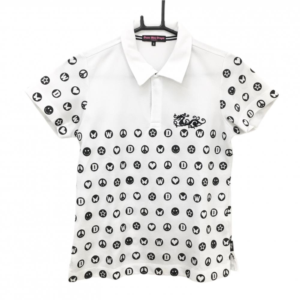 【美品】ダンスウィズドラゴン 半袖ポロシャツ 白×黒 イラスト スパンコールドラゴン レディース 2(M) ゴルフウェア Dance With Dragon