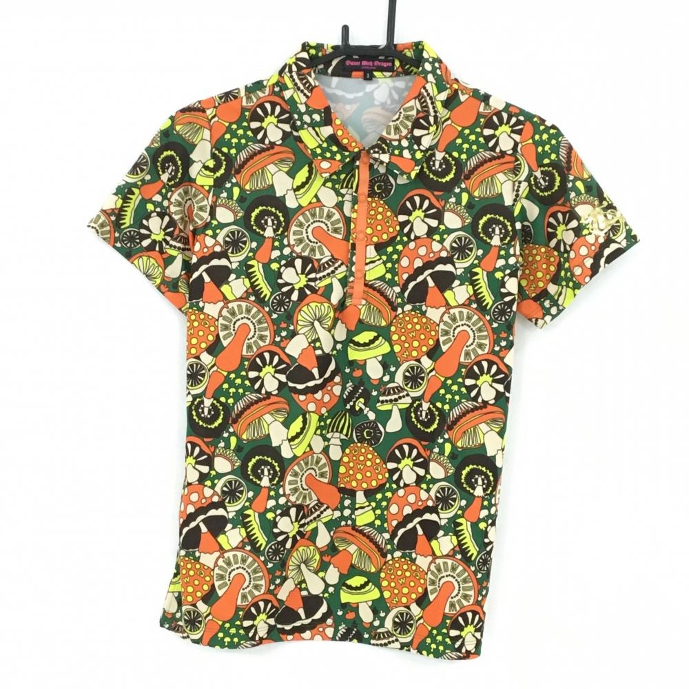 【超美品】ダンスウィズドラゴン 半袖ポロシャツ グリーン×オレンジ キノコ総柄 レディース 3(L) ゴルフウェア Dance With Dragon