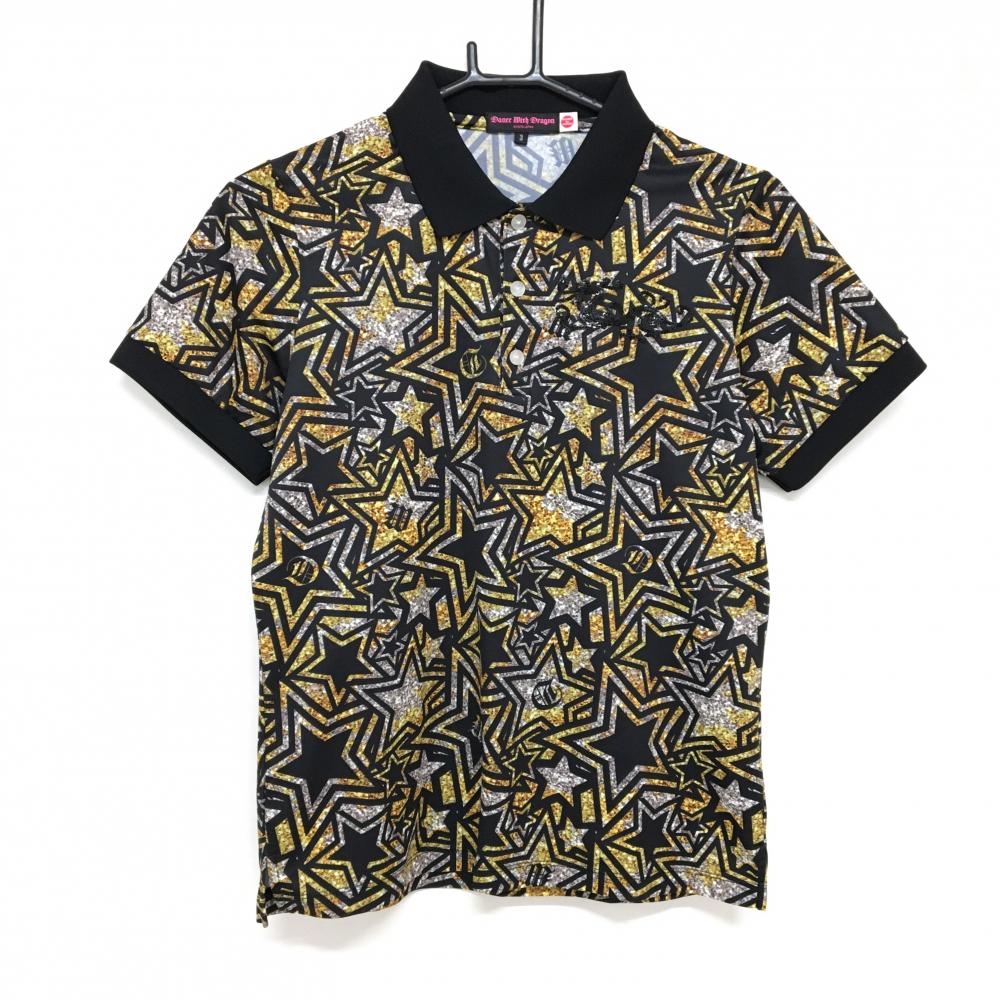【超美品】ダンスウィズドラゴン 半袖ポロシャツ 黒×イエロー 星柄 スパンコールロゴ レディース 3(L) ゴルフウェア Dance With Dragon