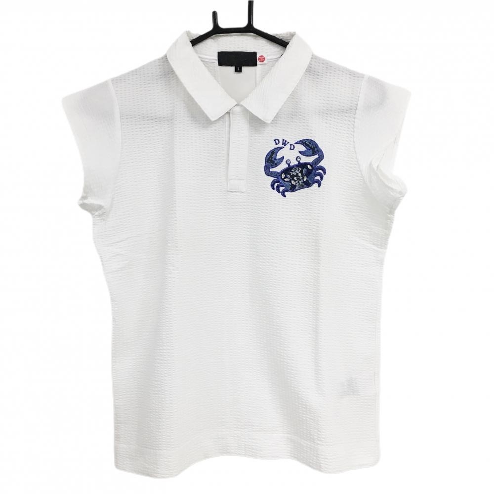 【美品】ダンスウィズドラゴン 半袖ポロシャツ 白×ブルー カニ サッカー生地 レディース 2(M) ゴルフウェア Dance With Dragon