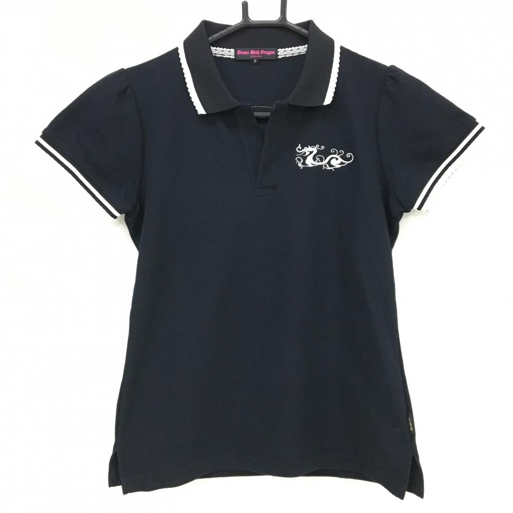 【美品】ダンスウィズドラゴン 半袖ポロシャツ 黒×白 後ろビッグスカル スパンコール レディース 2(M) ゴルフウェア Dance With Dragon