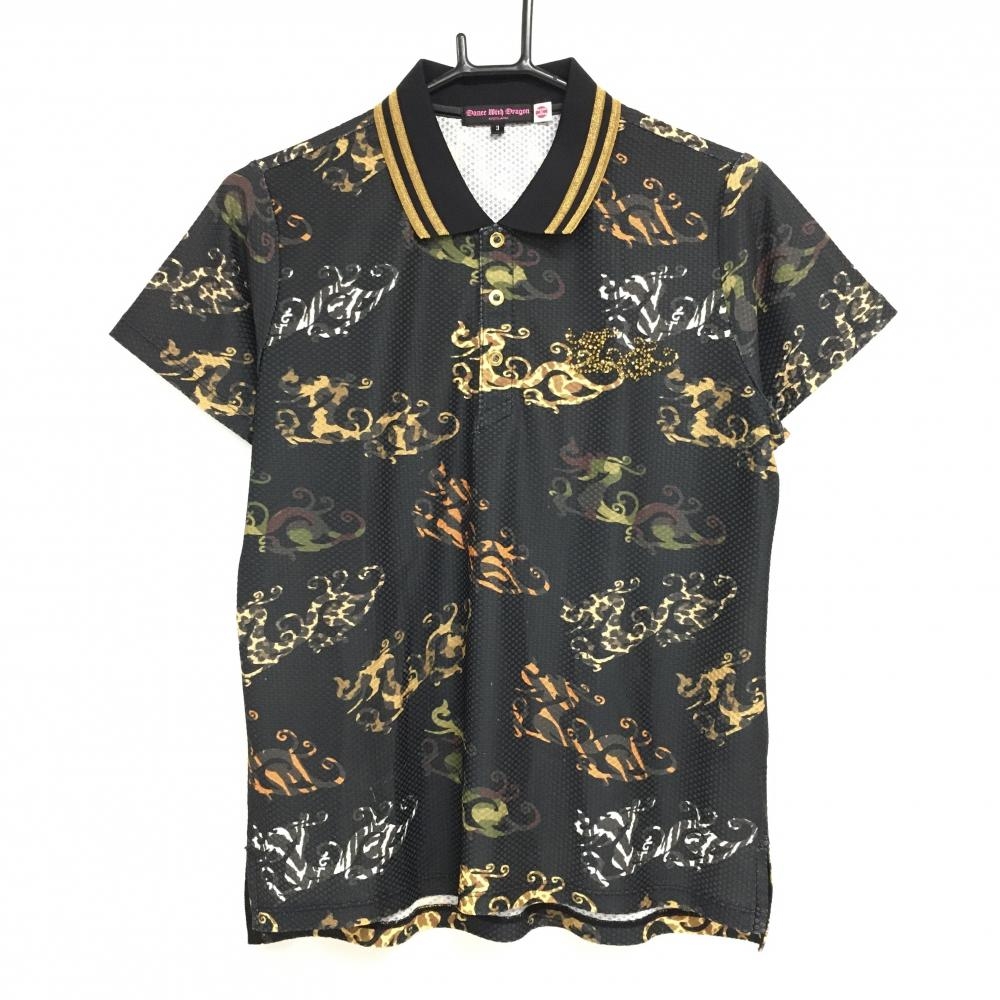 【美品】ダンスウィズドラゴン 半袖ポロシャツ 黒×ブラウン系×グリーン系 ロゴ総柄  レディース 3(L) ゴルフウェア Dance With Dragon