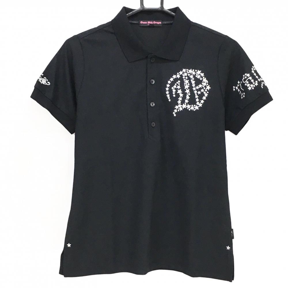 【美品】ダンスウィズドラゴン 半袖ポロシャツ 黒×シルバー 星柄ロゴ レディース 3(L) ゴルフウェア Dance With Dragon