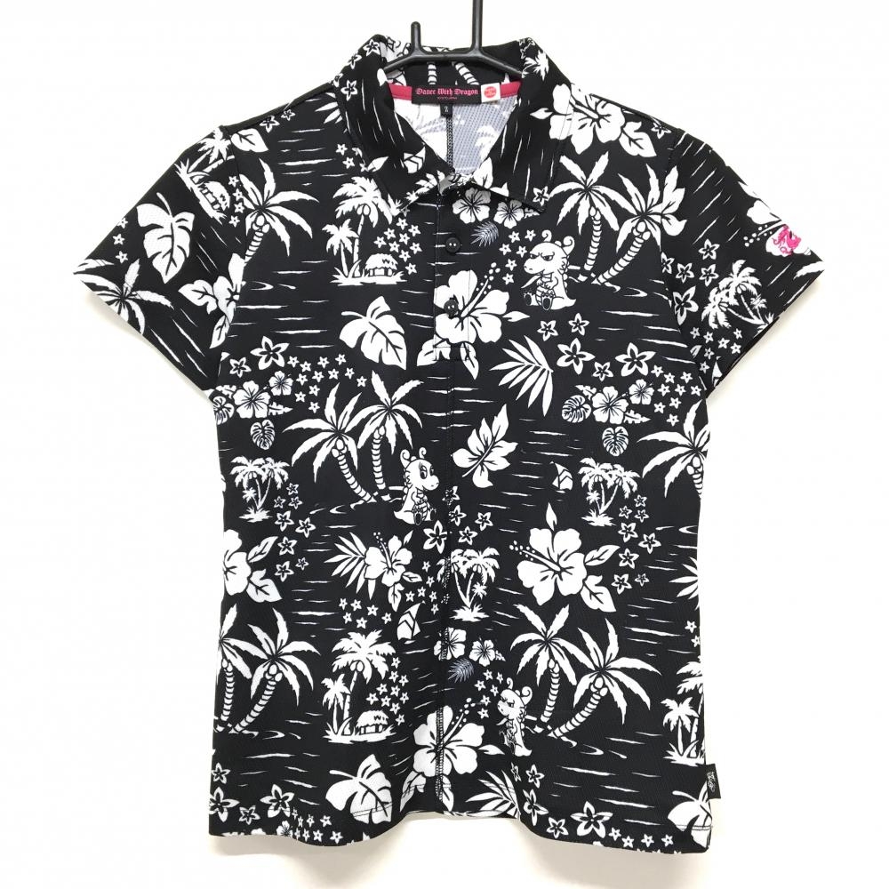 ダンスウィズドラゴン 半袖ポロシャツ 黒×白 総柄 チビドラ ヤシの木 ハイビスカス レディース 2(M) ゴルフウェア Dance With Dragon