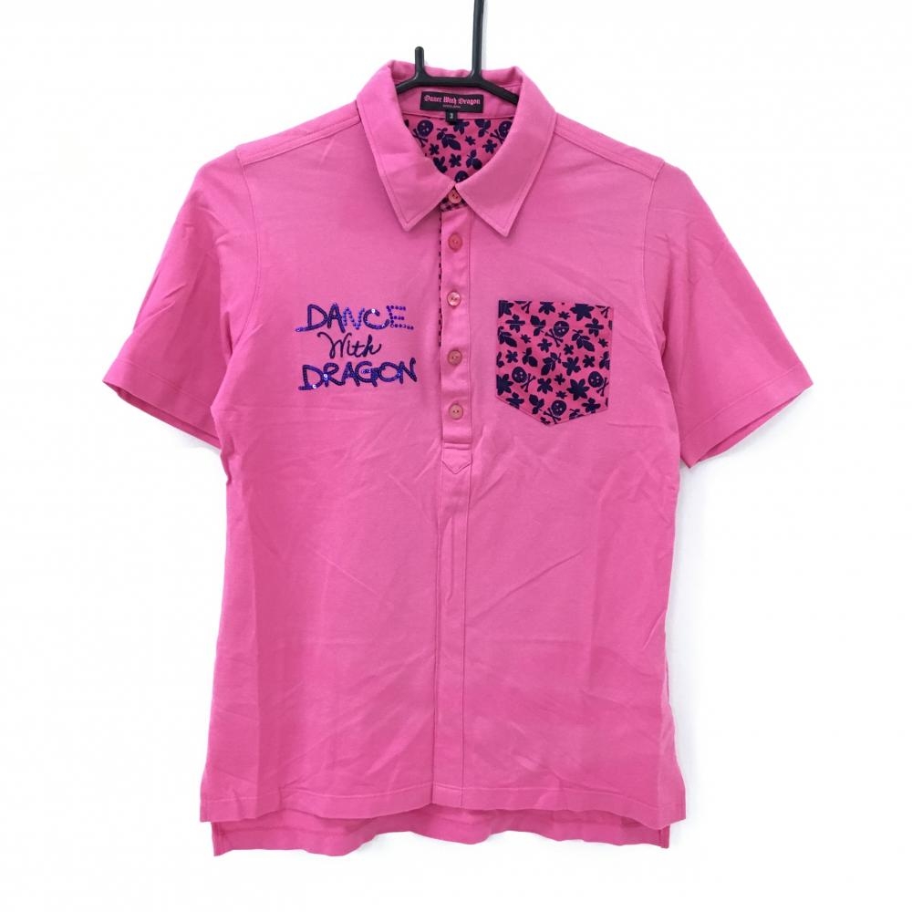 ダンスウィズドラゴン 半袖ポロシャツ ピンク×ネイビー 胸ポケット柄 襟裏チェック レディース 3(L) ゴルフウェア Dance With Dragon