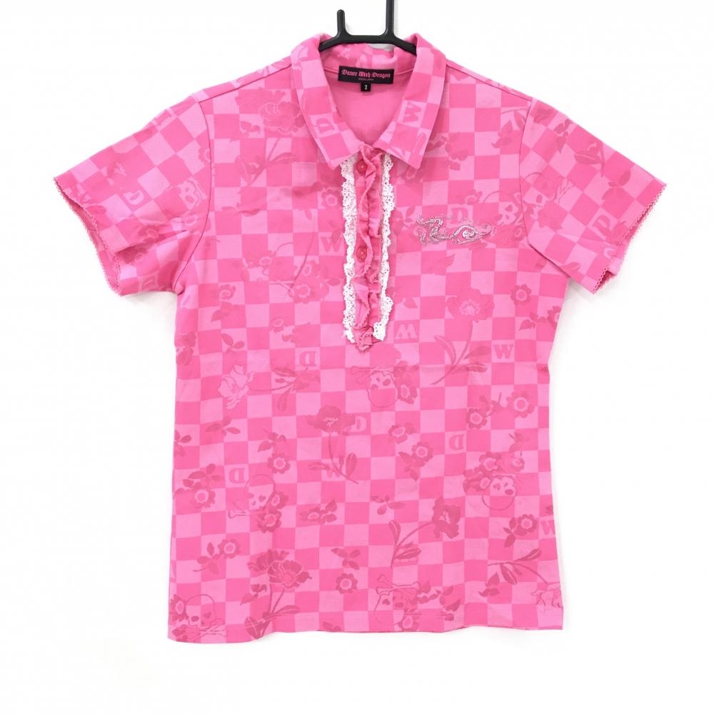 【美品】ダンスウィズドラゴン 半袖ポロシャツ ピンク系 総柄 スカル 花 チェック レディース 2(M) ゴルフウェア Dance With Dragon