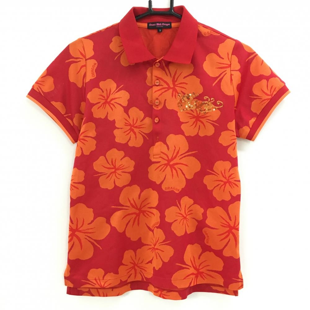 ダンスウィズドラゴン 半袖ポロシャツ レッド×オレンジ 花柄 スパンコール レディース 3(L) ゴルフウェア Dance With Dragon