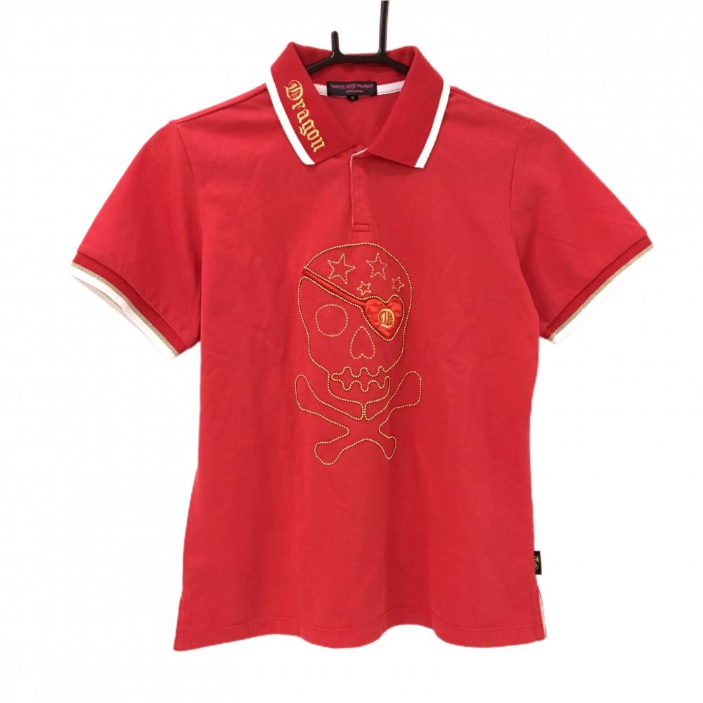 ダンスウィズドラゴン 半袖ポロシャツ レッド×ゴールド スカル  レディース 3(L) ゴルフウェア Dance With Dragon