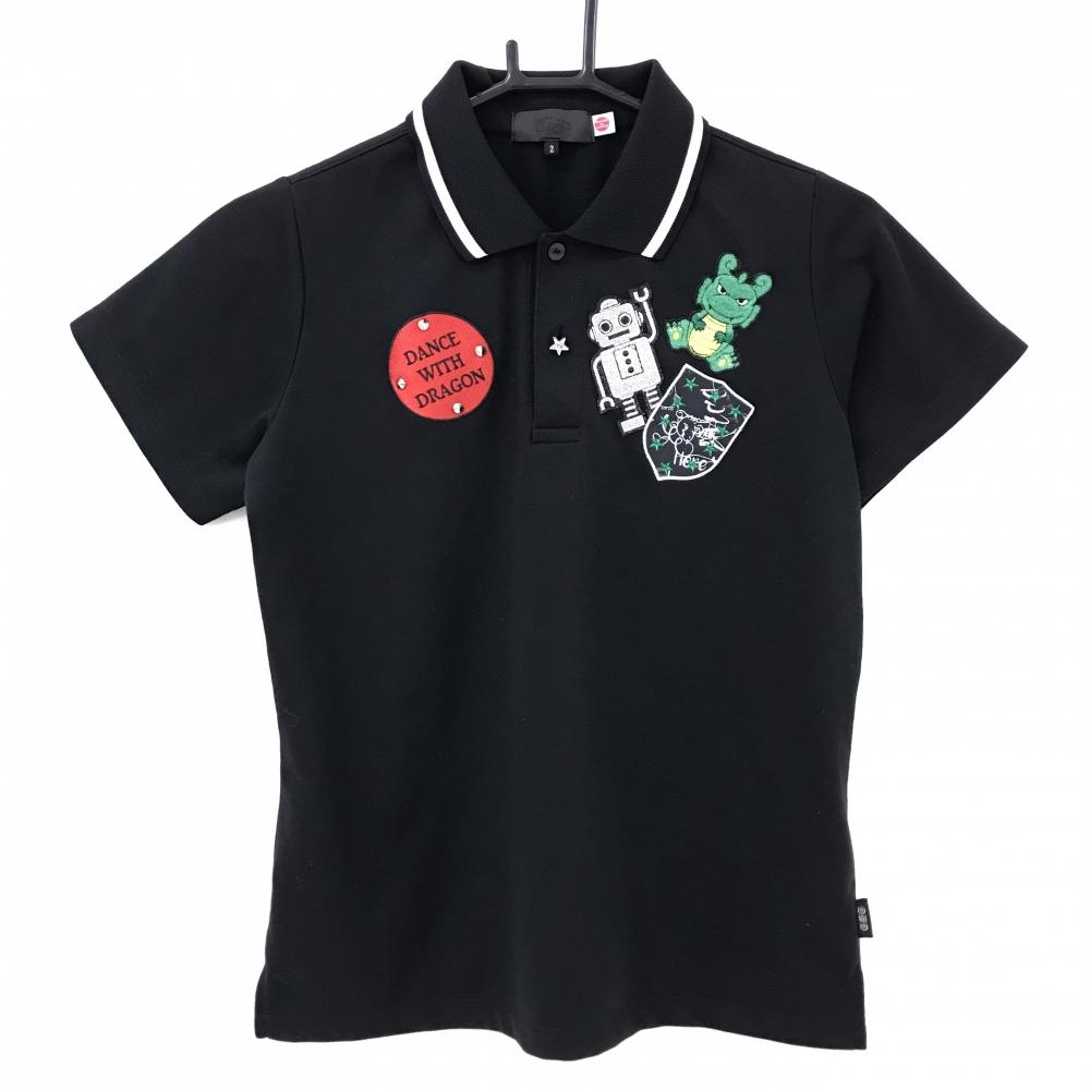 【超美品】ダンスウィズドラゴン 半袖ポロシャツ 黒 チビドラ ロボット レディース 2(M) ゴルフウェア Dance With Dragon