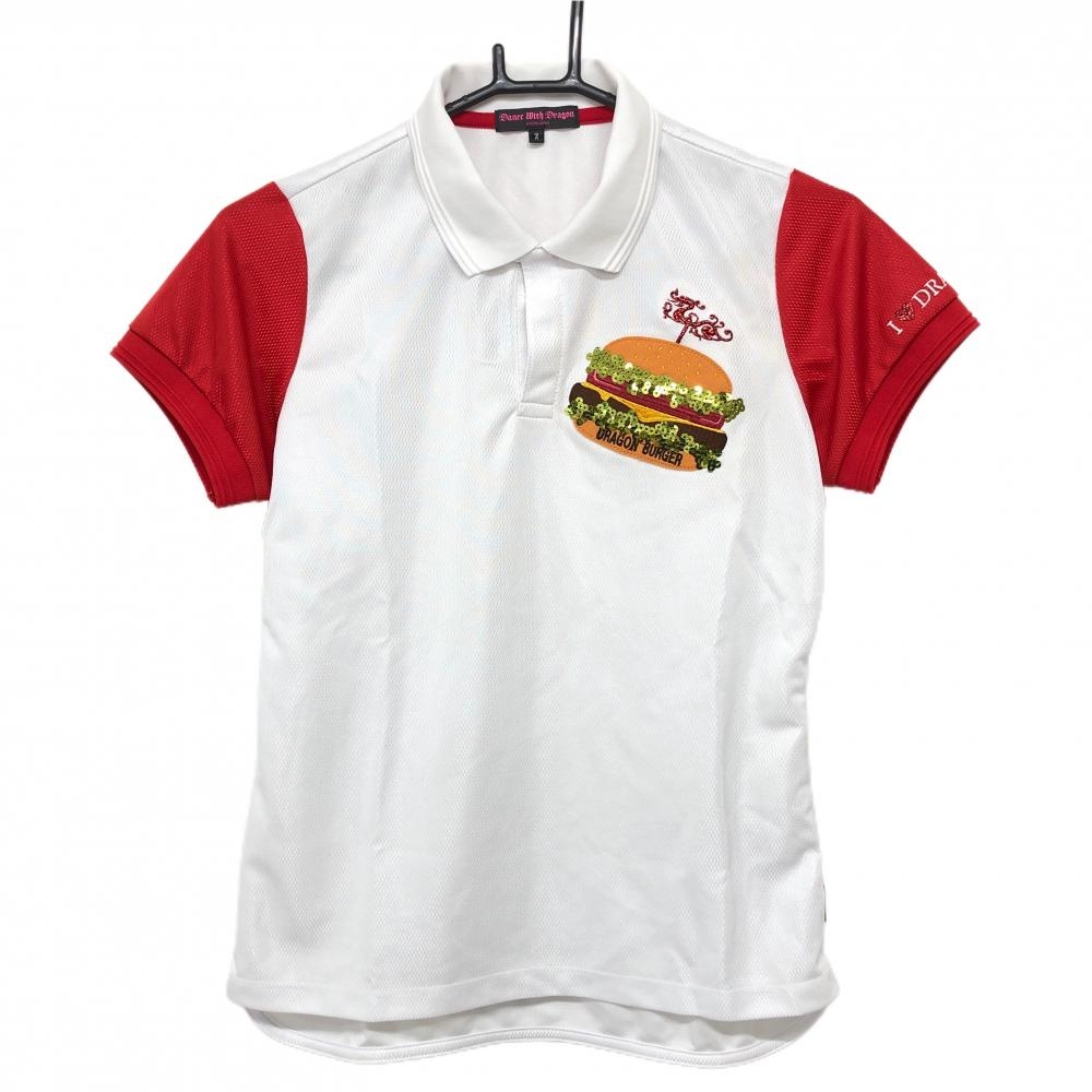 【美品】ダンスウィズドラゴン 半袖ポロシャツ 白×レッド ハンバーガー ロゴ刺しゅう レディース 2(M) ゴルフウェア Dance With Dragon