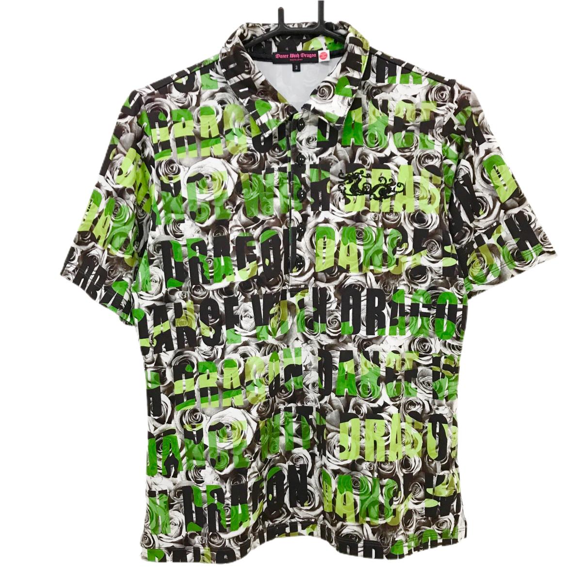 【超美品】ダンスウィズドラゴン 半袖ポロシャツ 白×ブラウン×グリーン バラ・ロゴ総柄 レディース 3(L) ゴルフウェア Dance With Dragon