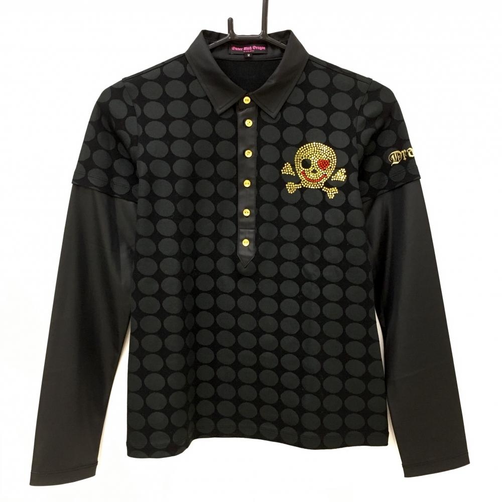 【超美品】ダンスウィズドラゴン 長袖ポロシャツ 黒 身頃ドット ラインストーンスカル  レディース 2(M) ゴルフウェア Dance With Dragon