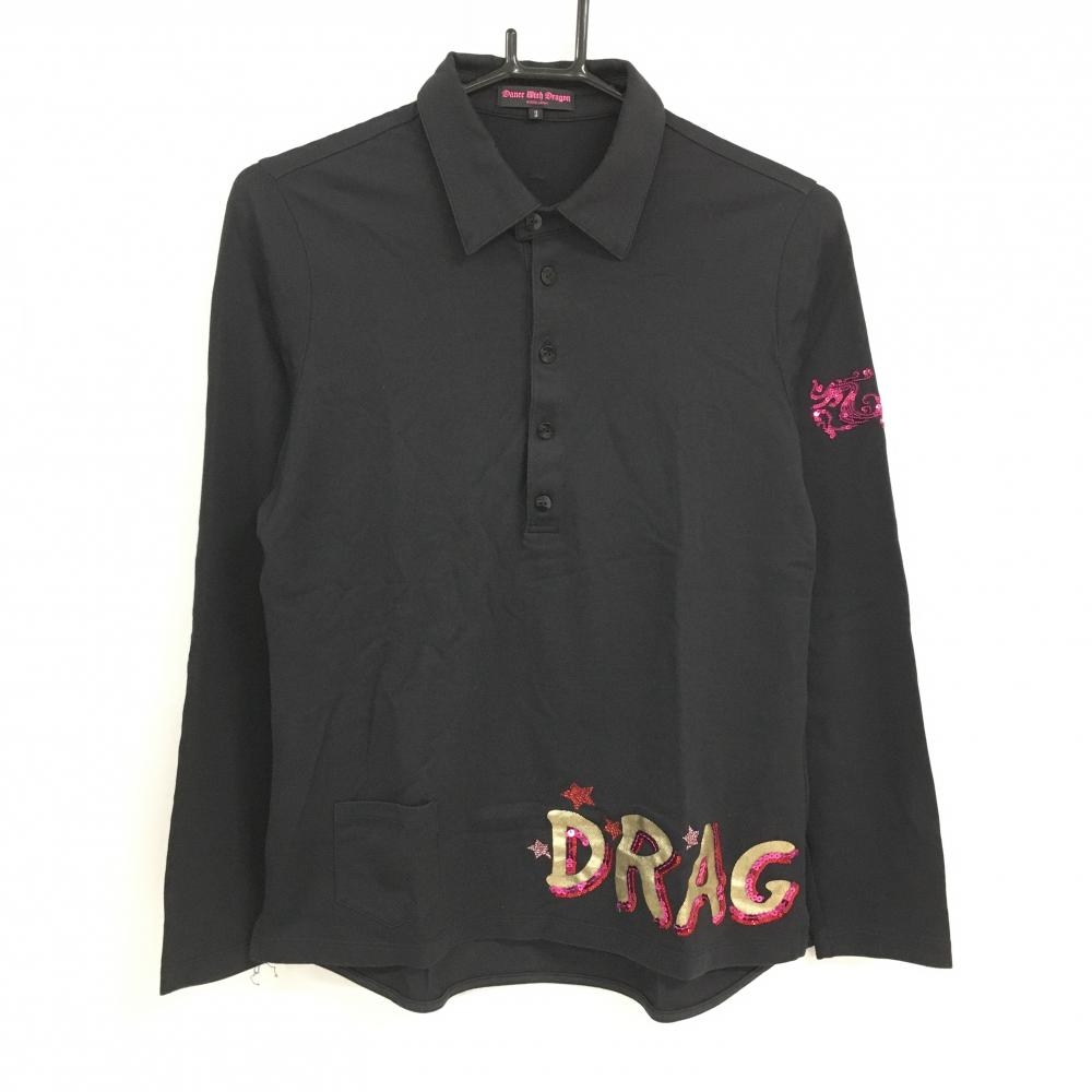 ダンスウィズドラゴン 長袖ポロシャツ 黒×ピンク スパンコール 裾ロゴ レディース 3(L) ゴルフウェア Dance With Dragon