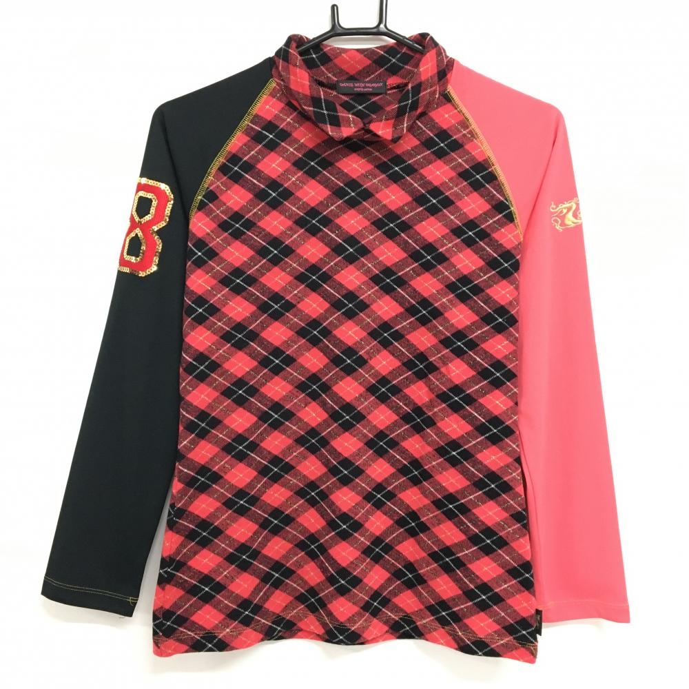 【超美品】ダンスウィズドラゴン 襟付き長袖シャツ ピンク×黒 身頃チェック・ウール混  レディース 2(M) ゴルフウェア Dance With Dragon