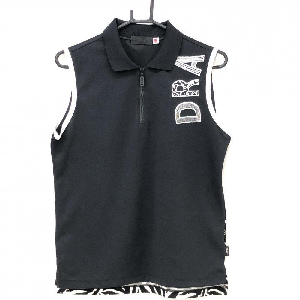 【超美品】ダンスウィズドラゴン ノースリーブポロシャツ 黒×白 ハーフジップ ロゴ レディース 3(L) ゴルフウェア Dance With Dragon