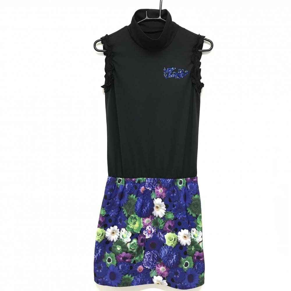 【超美品】ダンスウィズドラゴン ノースリーブハイネックワンピース 黒×ブルー レディース 2(M) ゴルフウェア Dance With Dragon