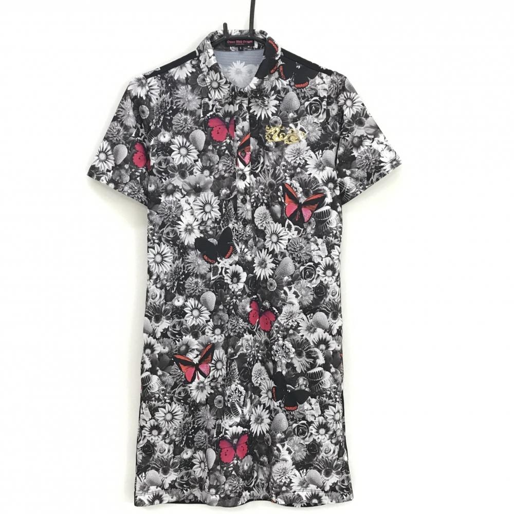 【美品】ダンスウィズドラゴン 半袖ポロワンピース 黒×白×ピンク 花柄 蝶々柄  レディース 3(L) ゴルフウェア Dance With Dragon