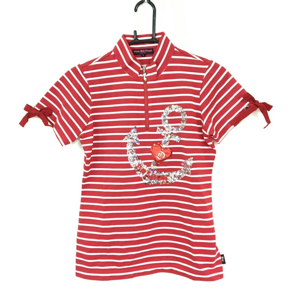 【美品】Dance With Dragon ダンスウィズドラゴン 半袖ハイネックシャツ 赤×白 ボーダー ハーフジップ レディース 2[M] ゴルフウェア